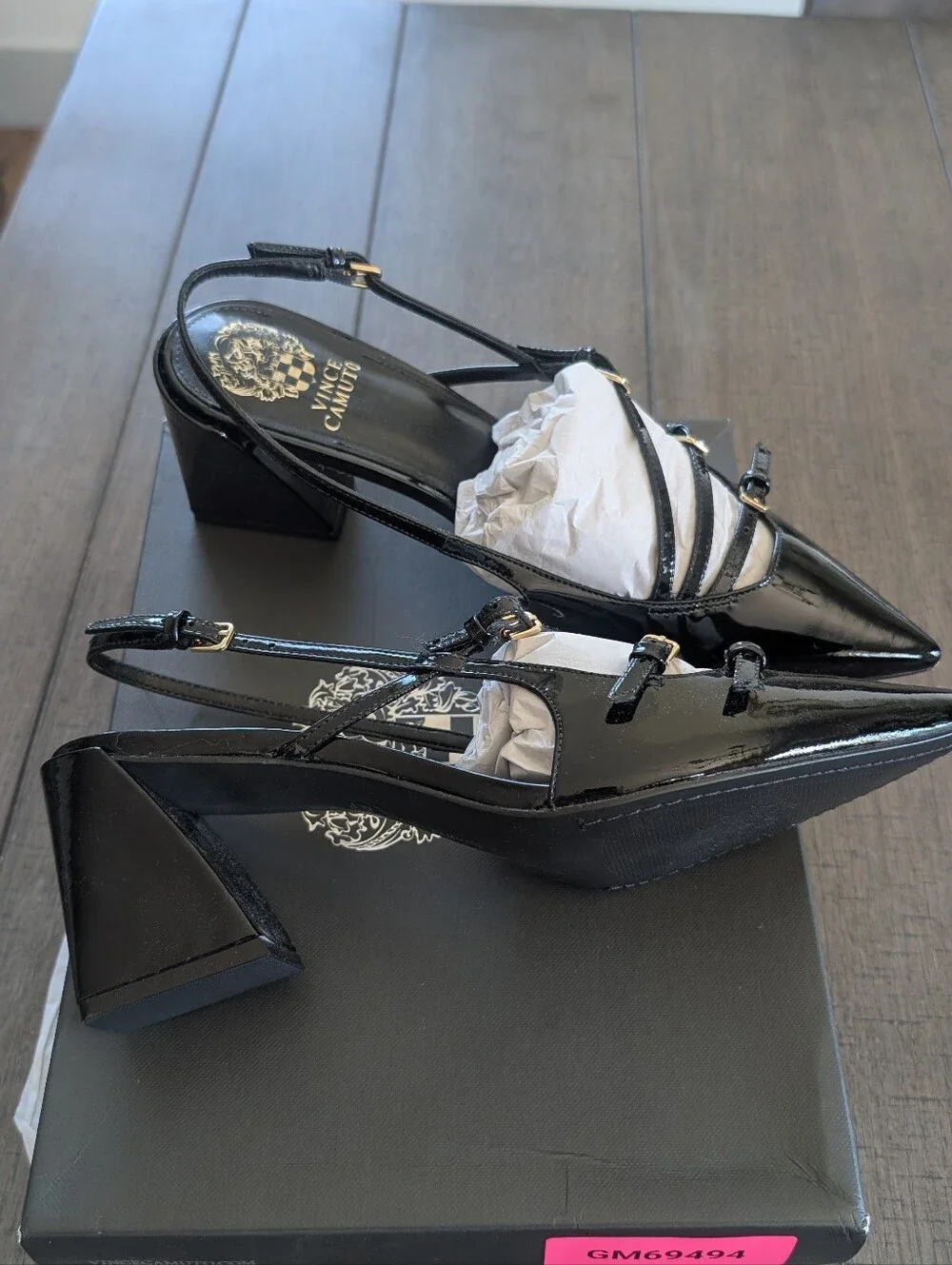 Vince Camuto Black Patent Pointed Slingback Pumps with Sculpted Block Heel